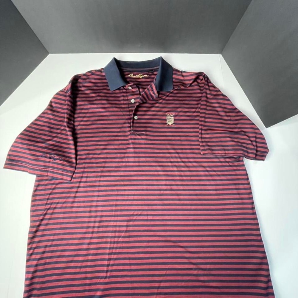 Ben Hogan golf polo shirt, large burgundy, and blue striped. Logo/sleeve/chest